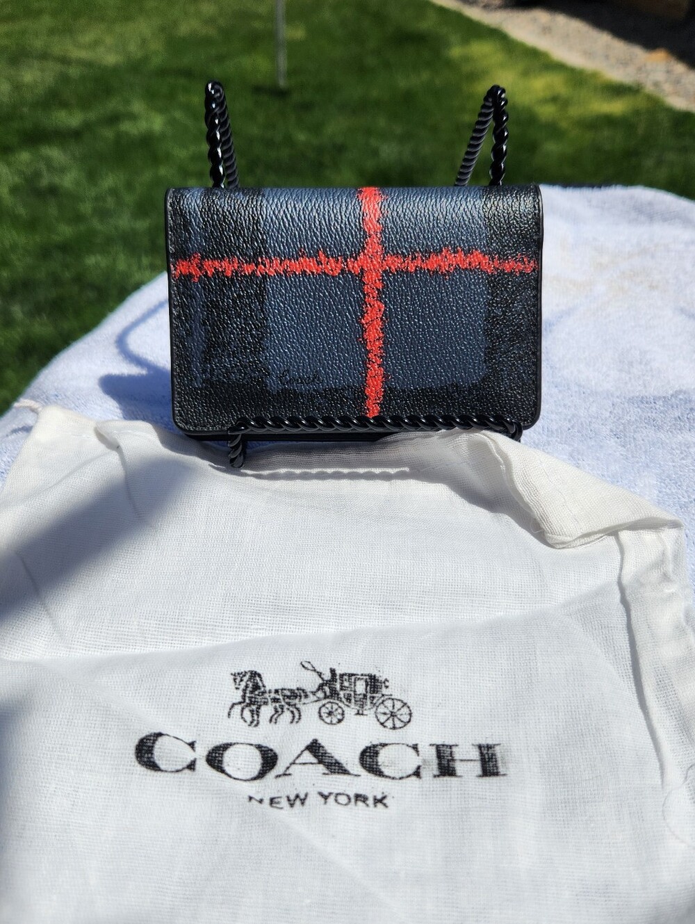 Coach  Leather Cardholder with Red Plaid Accent